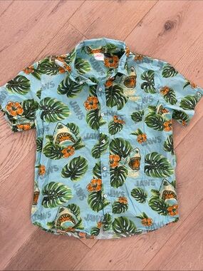 Jaws Short Sleeve Button-Down Shirt - Light Blue with Tropical Print Boys XXL